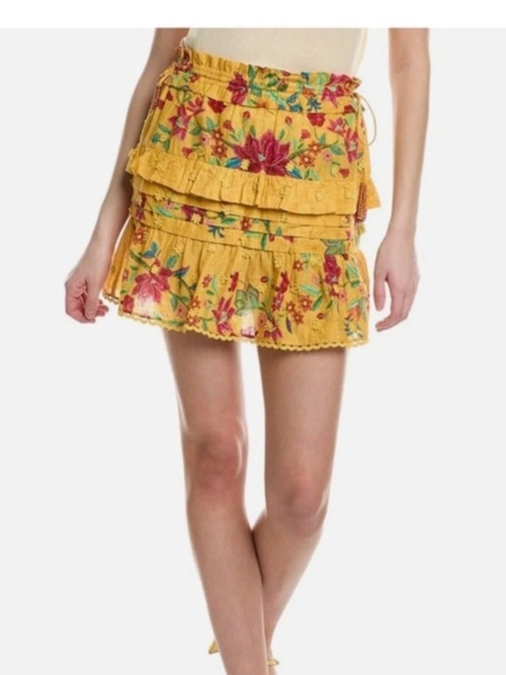 Farm Rio Mini Skirt Yellow Floral Flower Ruffle A-line Dream size Medium